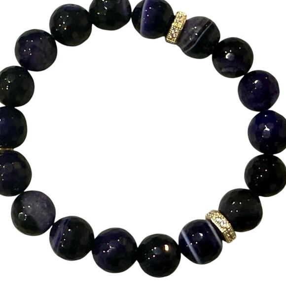 Rustic Cuff PURPLE ONYX BEADS w/ Gold accents & logo Stretch Stacking Bracelet - Picture 9 of 12